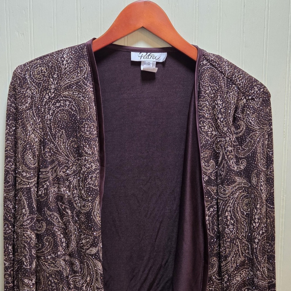 Patra Jacket‎ Womens 12 Brown Paisley Glitter Open Front Knit Dressy Evening USA